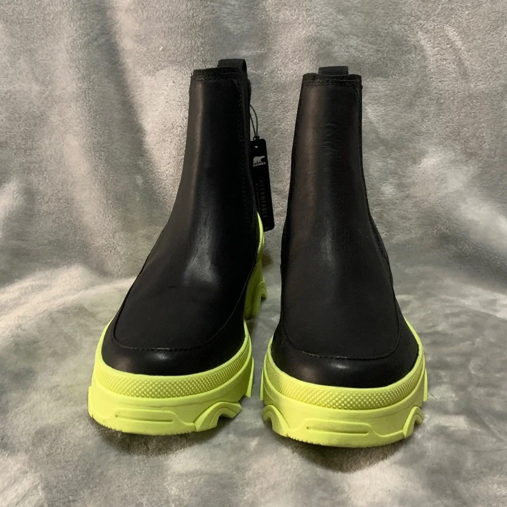 Sorel Brex Chelsea Boots Black Leather Size 7.5 Neon Green Platform Waterproof